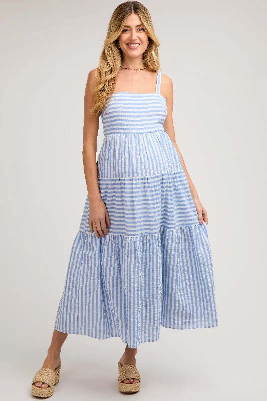 Blue Striped Sleeveless Tiered Maternity Maxi Dress Must-have maxi dresses for this season