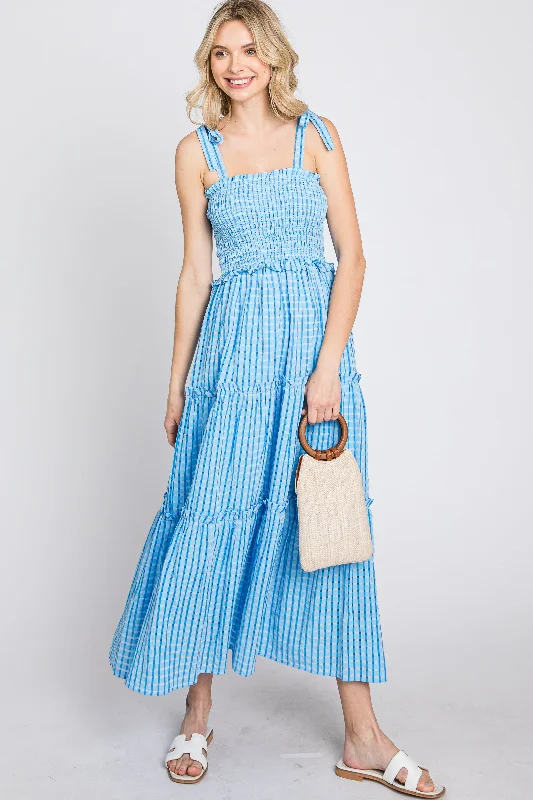 Blue Striped Smocked Shoulder Tie Midi Dress Clubbing midi dresses