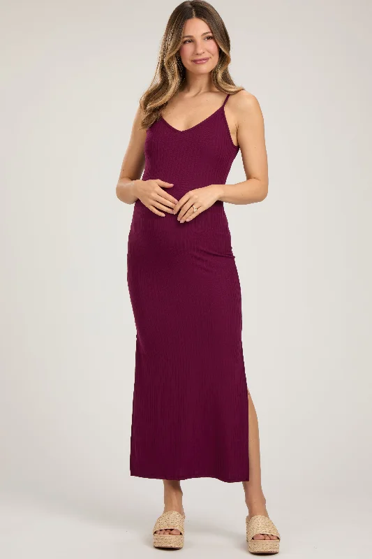 Burgundy Ribbed Side Slit Maternity Maxi Dress Birthday maxi dresses