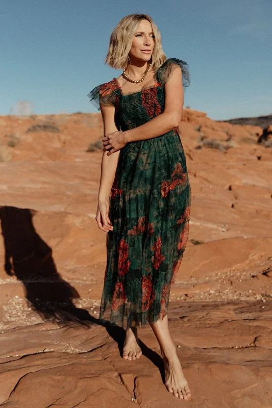 Clementine Tulle Midi Dress | Dark Green Floral Formal midi dresses