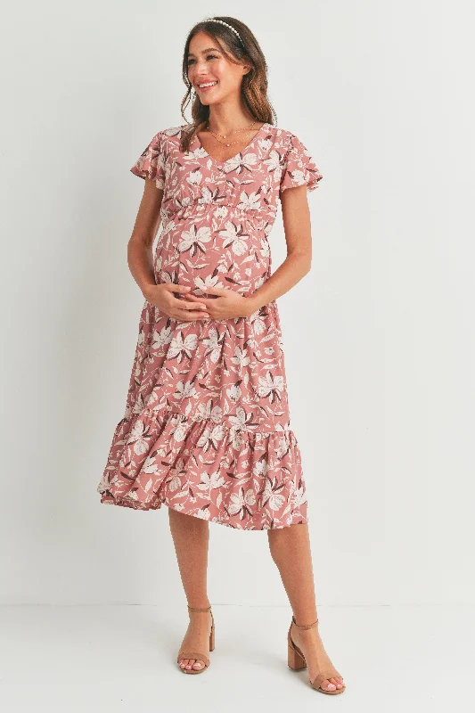 Floral Midi Maternity V Neck Dress with Ruffled Hem Cute floral print midi dresses