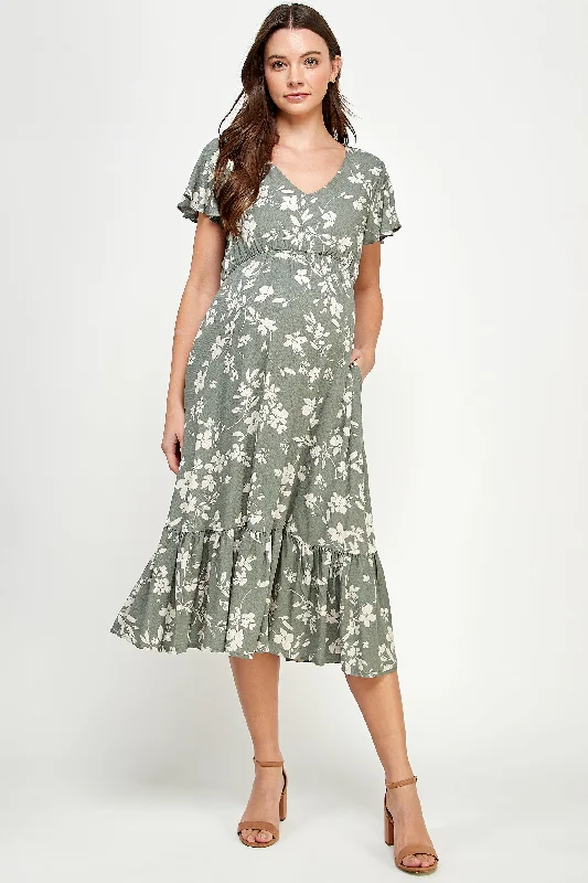 Floral V-Neck Midi Maternity Dress with a Ruffled Hem Chiffon midi dresses