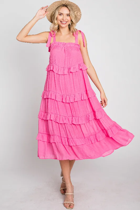 Fuchsia Ruffle Tiered Midi Dress PrettyLittleThing midi dresses