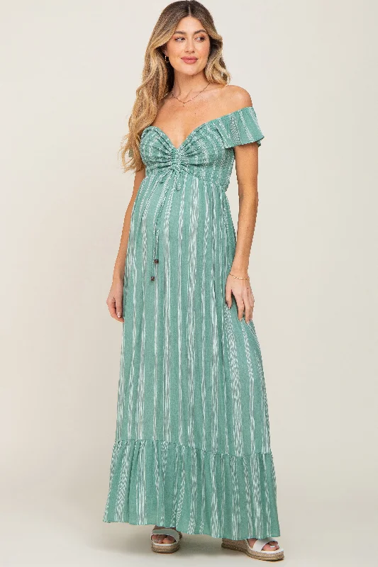 Green Striped Off Shoulder Front Tie Maternity Maxi Dress Beach maxi dresses