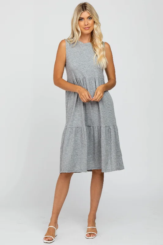 Heather Grey Ribbed Sleeveless Midi Dress Casual midi dresses