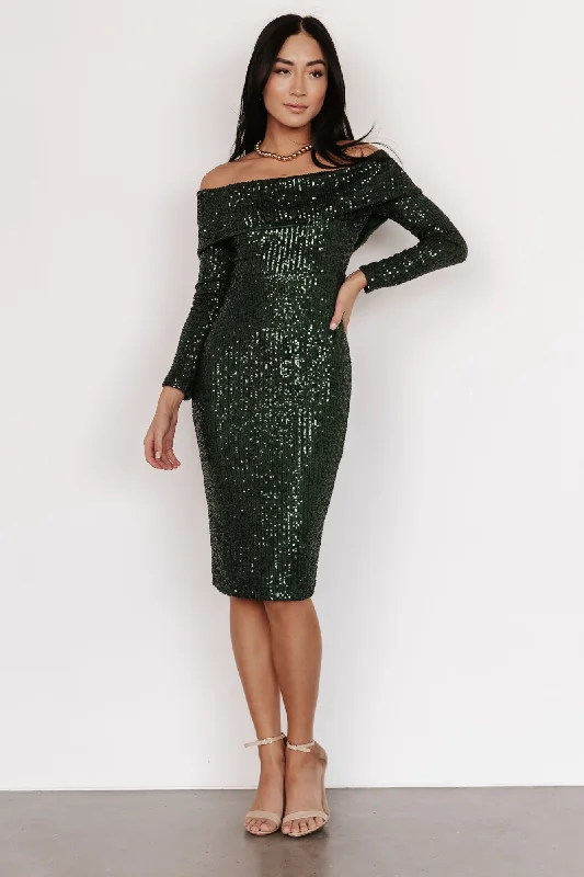 Karma Off Shoulder Sequin Midi Dress | Dark Green Beach midi dresses