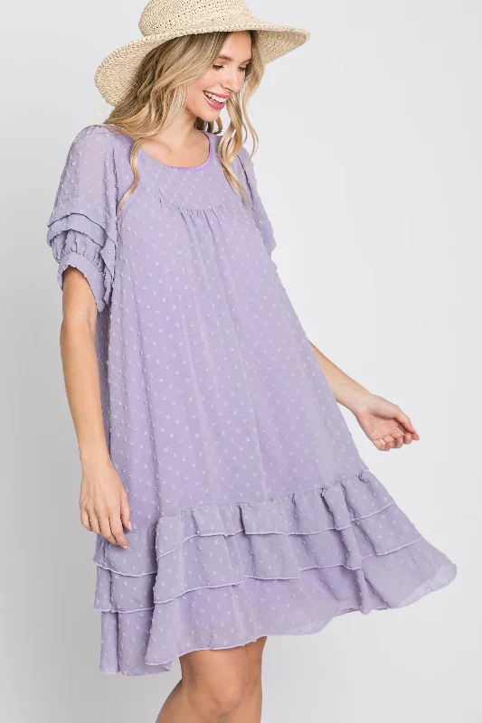 Lavender Chiffon Swiss Dot Ruffle Hem Midi Dress Women's midi dresses