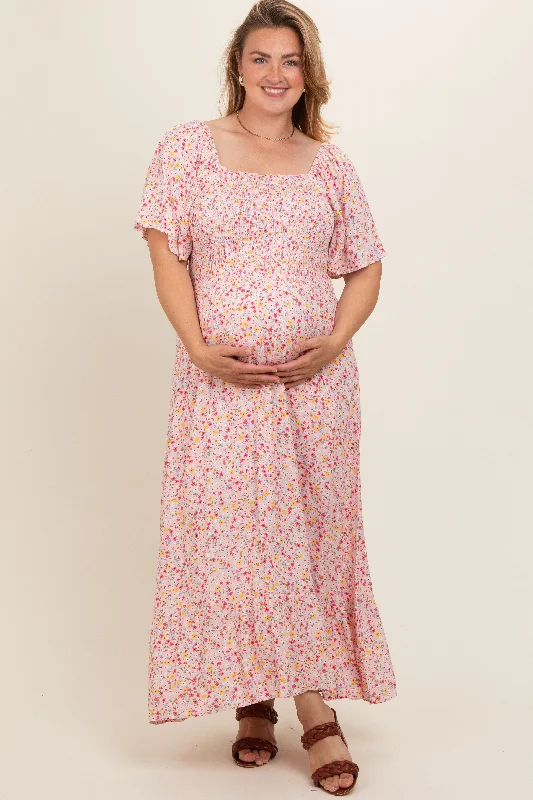 Light Pink Floral Smocked Plus Maternity Maxi Dress Cute floral print maxi dresses