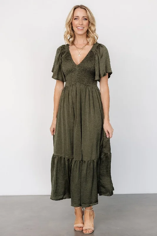 Lovell Smocked Midi Dress | Deep Olive High-end midi dresses