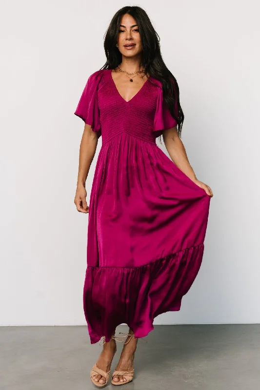 Lovell Smocked Midi Dress | Wine Berry Stretchy midi dresses