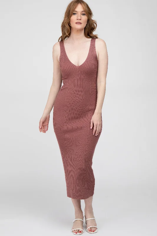 Mauve Ribbed Sleeveless Knit Midi Dress Trendy midi dresses under $50