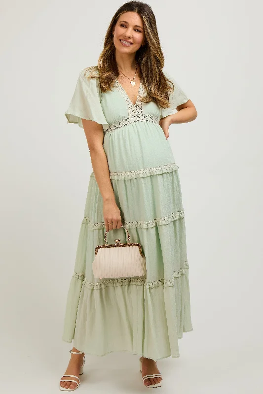 Mint Crochet Lace Tiered Maternity Maxi Dress Budget-friendly maxi dresses