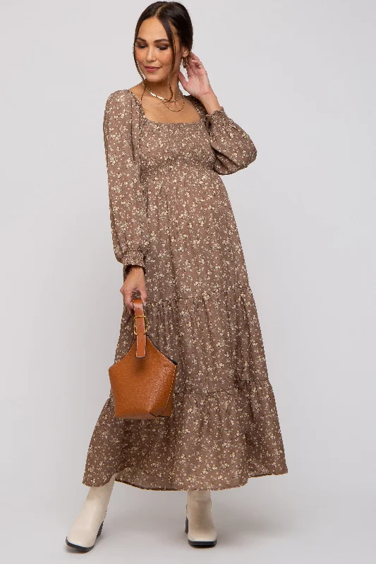 Mocha Floral Smocked Long Sleeve Maternity Maxi Dress Red carpet maxi dresses