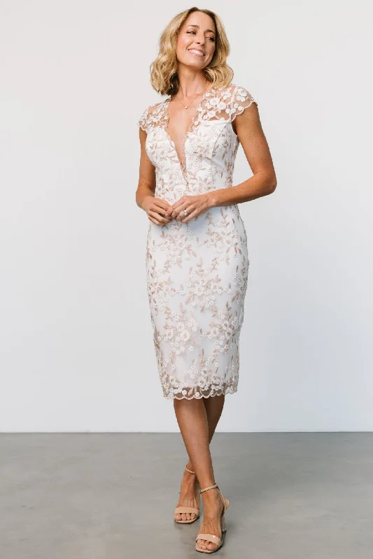 Monique Embroidered Midi Dress | White + Gold Smocked midi dresses