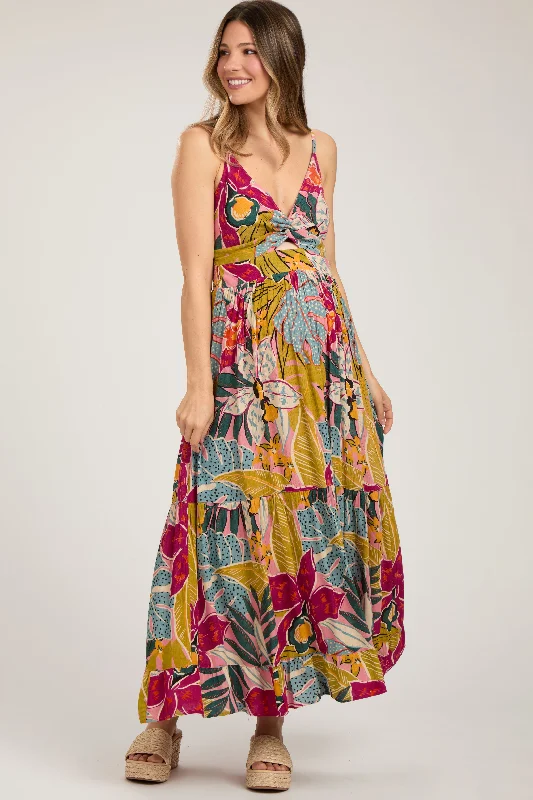 Multi-Color Floral V-Neck Front Knot Tiered Maternity Maxi Dress Designer maxi dresses