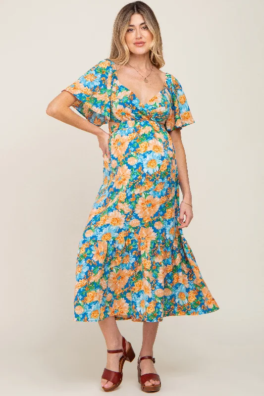 Multi-Color Floral Wrap Front Cutout Back Maternity Midi Dress Hot new arrivals in midi dresses