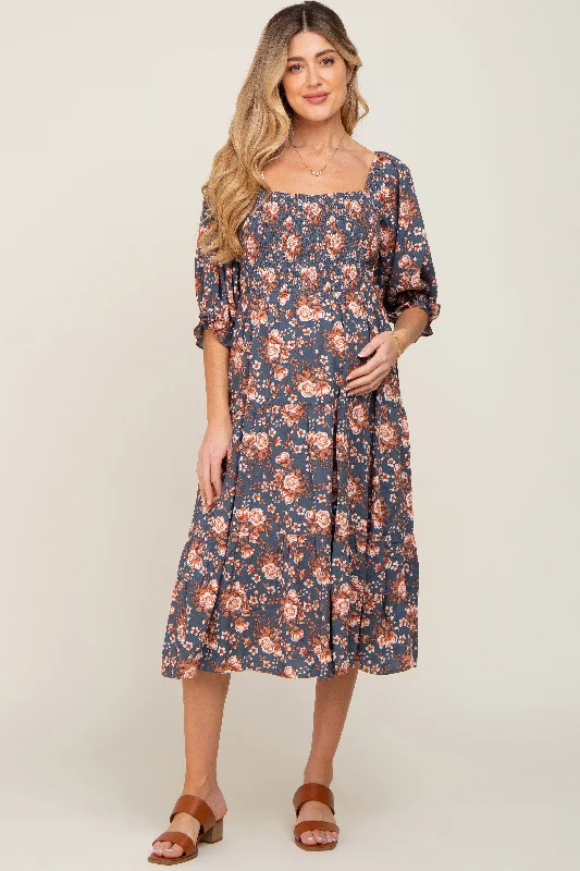 Navy Floral Smocked 3/4 Sleeve Maternity Midi Dress Festival midi dresses