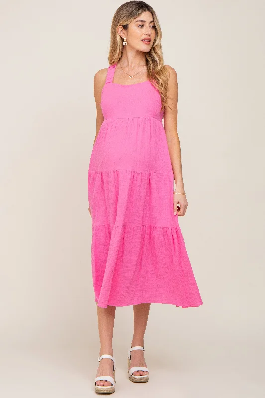 Neon Pink Tiered Crisscross Strap Maternity Midi Dress Cotton midi dresses