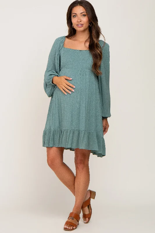 Olive Square Neck Puff Long Sleeve Maternity Dress Date night maxi dresses