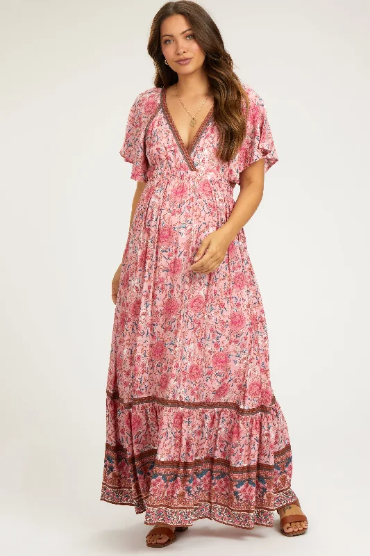 Pink Floral Flounce Sleeve Maternity Maxi Dress Sexy little black maxi dresses