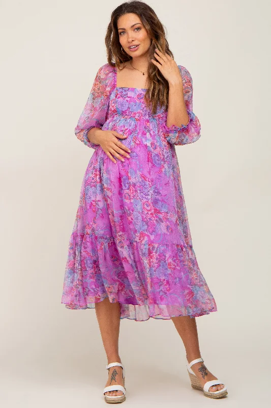 Pink Floral Shimmer Chiffon Maternity Midi Dress Long sleeve midi dresses