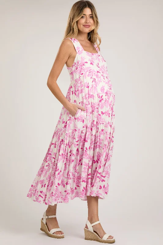 Pink Floral Sleeveless Tiered Maternity Maxi Dress Affordable maxi dresses