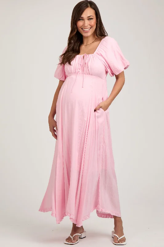 Pink Front Tie Puff Sleeve Maternity Maxi Dress Clubbing maxi dresses