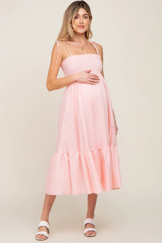 Pink Smocked Shoulder Tie Maternity Midi Dress ASOS midi dresses