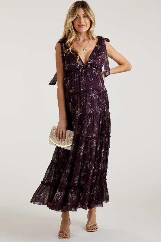 Plum Floral Tiered Shoulder Tie Maternity Maxi Dress Denim maxi dresses