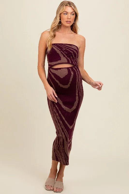 Purple Printed Strapless Cutout Fitted Maternity Maxi Dress Best maxi dresses for summer vacation