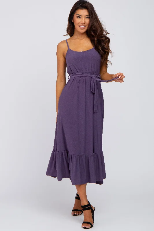 Purple Waist Tie Ruffle Hem Midi Dress Urban Outfitters midi dresses