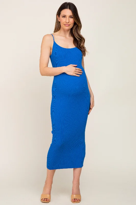 Royal Blue Ribbed Cutout Back Maternity Midi Dress Party midi dresses