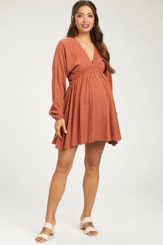 Rust Linen Deep V-Neck Long Sleeve Maternity Dress Tiered maxi dresses