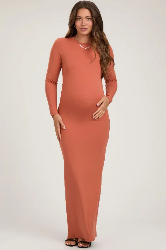 Rust Long Sleeve Fitted Maternity Maxi Dress Prom maxi dresses