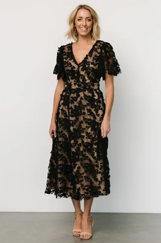 Sadie Embroidered Midi Dress | Black + Nude Cheap midi dresses