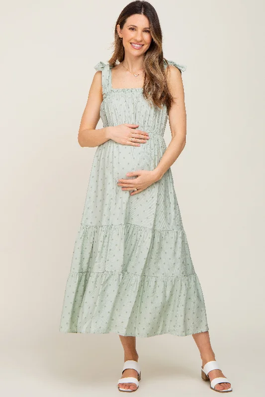 Sage Polka Dot Shirred Maternity Midi Dress Boho midi dresses