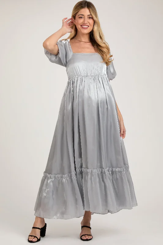 Silver Satin Square Neck Short Puff Sleeve Maternity Maxi Dress Shein maxi dresses