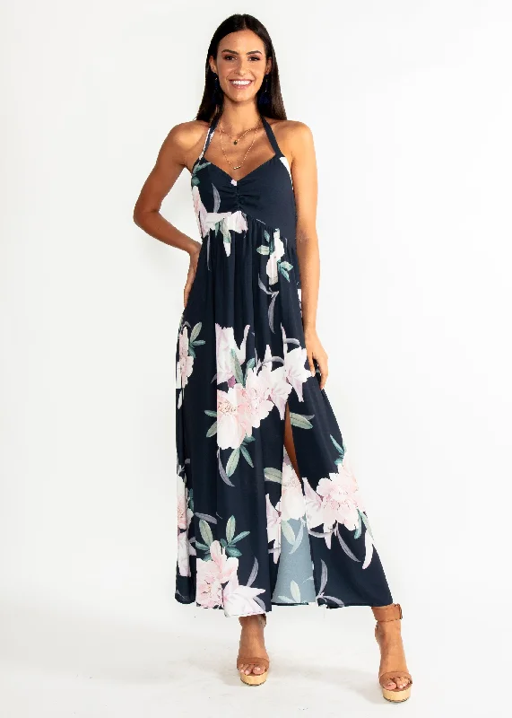 Sweet Serenade Halter Maxi Dress - Navy Floral Velvet maxi dresses