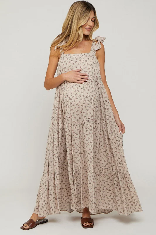 Taupe Floral Shoulder Tie Maternity Maxi Dress Leather maxi dresses