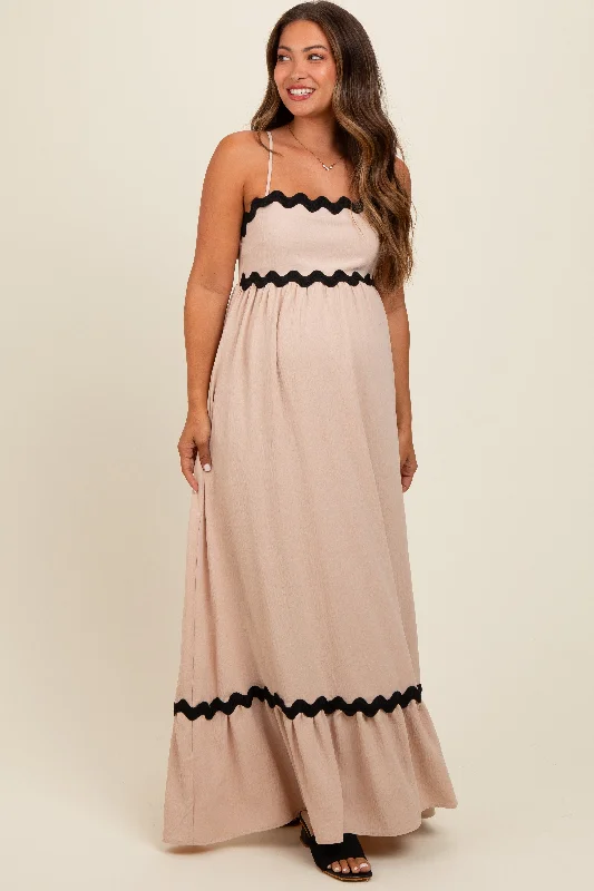 Taupe Sleeveless ZigZag Accent Maternity Maxi Dress Y2K maxi dresses