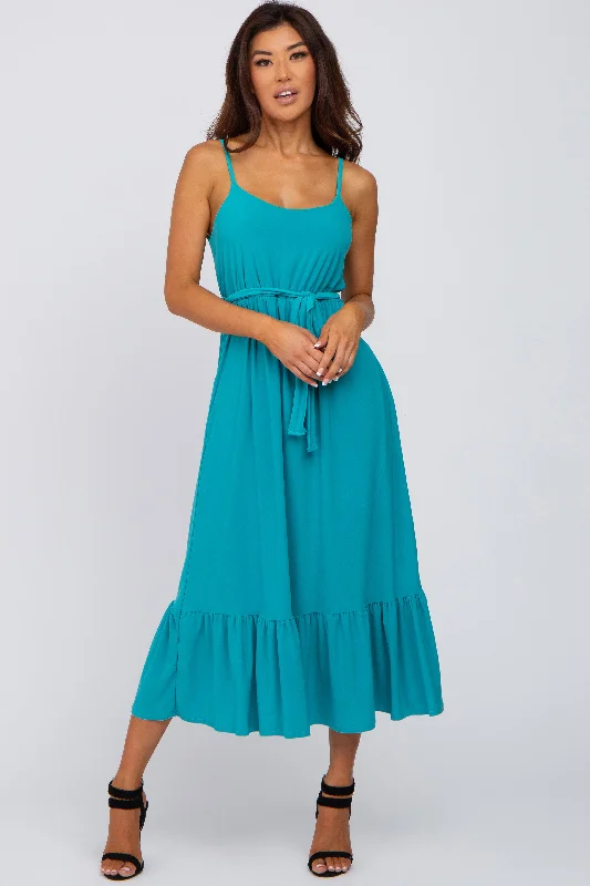 Turquoise Waist Tie Ruffle Hem Midi Dress Boohoo midi dresses