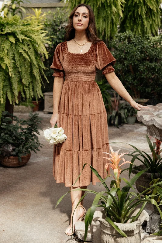 Vivaldi Smocked Velvet Midi Dress | Bronze Ruffled midi dresses