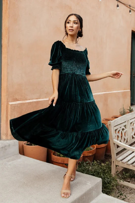 Vivaldi Smocked Velvet Midi Dress | Dark Green Women's trendy midi dresses sale