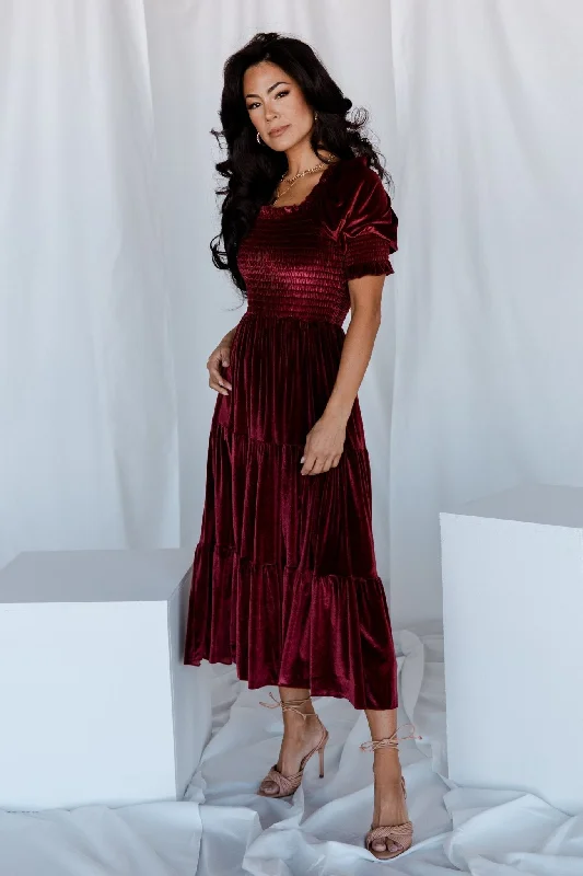 Vivaldi Smocked Velvet Midi Dress | Marsala Flattering midi dresses for all body types