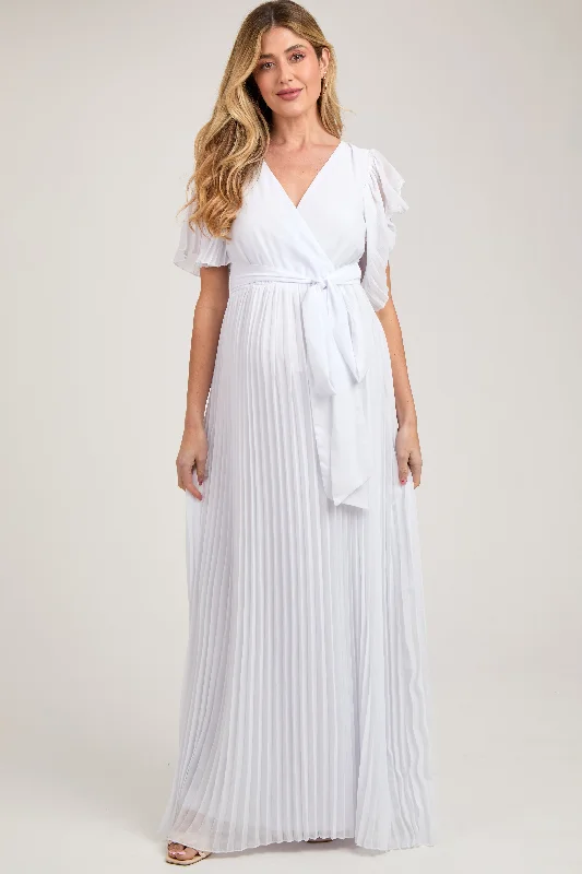 White Chiffon Wrap Front V-Neck Short Sleeve Pleated Maternity Maxi Dress Summer maxi dresses