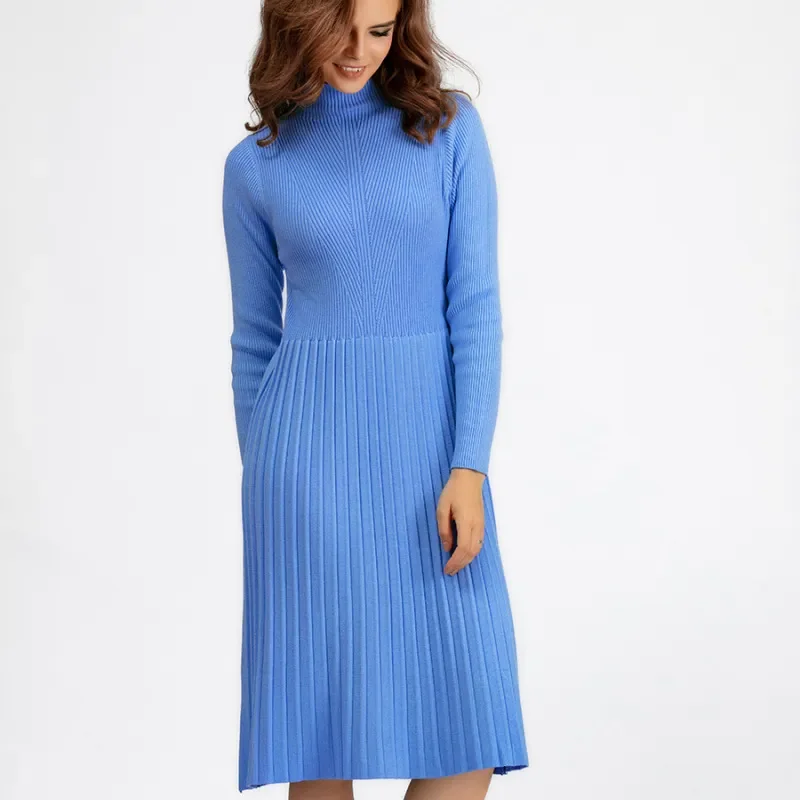 (Buy 1 Get 1) Women Elegant Autumn And Winter Solid Color High Collar Long Sleeve Knitted Pleated Dress Zara maxi dresses