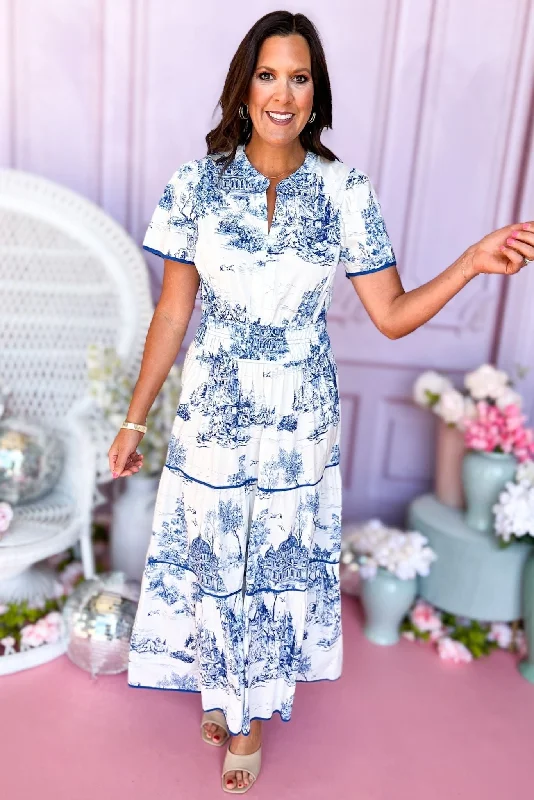 Blue Print Balloon Short Sleeve Split Neck Smocked Waist Tiered Dress Wedding floral dresses