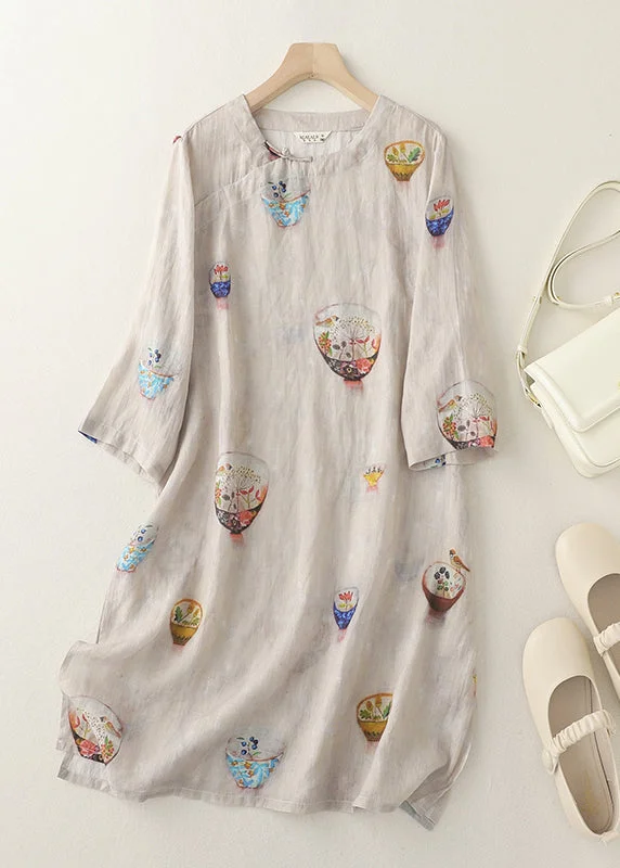 Boutique O Neck Print Side Open Linen Dress Bracelet Sleeve AM1063 Fashion Nova floral dresses