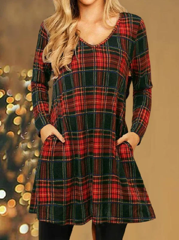 Women Christmas Plaid Print Loose Holiday Knee-Length V-Neck Sexy Dress PJ5 Velvet floral dresses