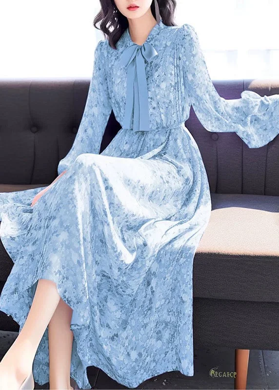 Chic Blue Bow Print High Waist Chiffon Long Dress Fall QR043 A-line floral dresses